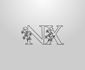 Beautiful N, X and NX Letter logo. Graceful Floral Flower Alphabet Mark for book design, letter stamp, weeding card, Restaurant, Boutique, Hotel.