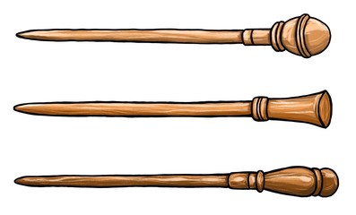 Set of three different wooden magic wands. Wizard items. Hand drawn illustration. Isolated on a white background. 