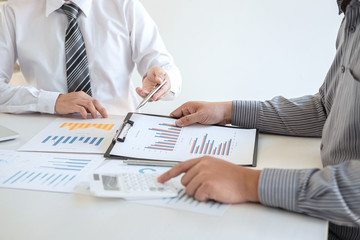 Business executive partner cooperation conference in investment ideas marketing planning and presentation finance project at meeting and strategy of business making to successful and growth profit