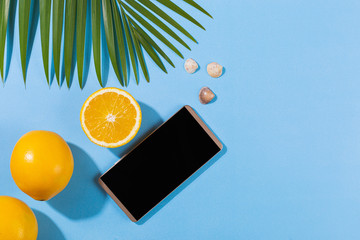 Beach accessories on a turquoise blue background - palm leaves, orange juice, snails, smartphone...