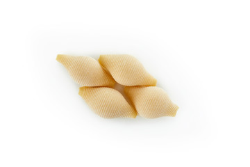 Italian raw dry pasta conchiglioni isolated on white background. Pasta for baking