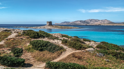 Aragonese tower in Stintino, Sardinia, Italy (Torre della Pelosa). Landmark of Stintino on azure...