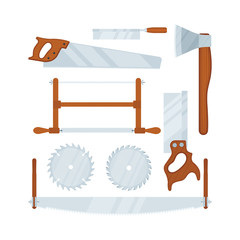 Carpentry tools vector illustrations set: axe and different saws. Part of woodworking tools collection.