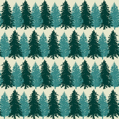 Monochrome spruce fir tree silhouette sketched line art seamless pattern background vector