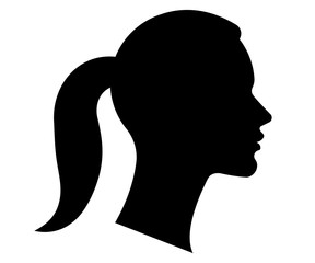 Black silhouette of a female head. The flat shape of the woman face. Design template.