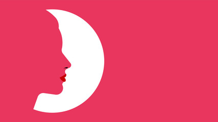 Moon face and white circle on pink background. Vector template illustration with copy space.