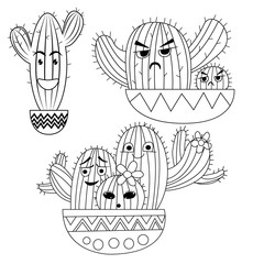 Modern fun cactus coloring book, great design for any purposes. Doodle icon on white backdrop. Line drawing. Doodle illustration. Pattern Outline Cartoon cactus emotions happiness, sadness, surprise