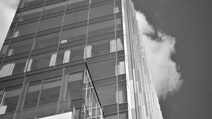 The windows of a modern building for offices. Business buildings architecture. Black and white.