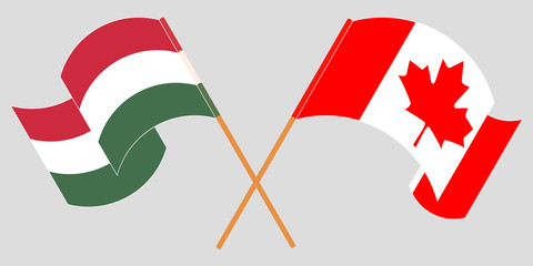 Crossed and waving flags of Hungary and Canada