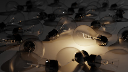 Light bulb lamps concept for idea, creativity, innovation and solution 3D rendered illustration.