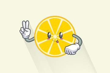 DUMB, FUNNY, TONGUE Face. Peace Finger Gesture. Mascot Illustration. Slice Lemon Fruit Cartoon.