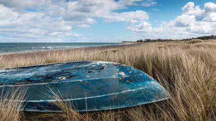 Tall grass by the beach blue boat lies in the grass with the bottom up. The sea in the background....