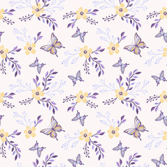 Sweet pastel Meadow flowers blowing in the wind with butterflies soft and gentle seamless pattern on vector design for fashion,fabric,wallpaper and all prints