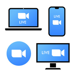 Blue camera icon - Live media streaming application on different devices - laptop, smartphone, tv, tablet, monitor, conference video calls with several people at the same time vector icon logo