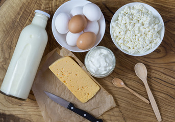 Village products on the Board: milk, cottage cheese, eggs, sour cream and cheese. Rich in calcium and vitamin D (Calciferol) food