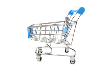 Blue shopping cart isolated on white background. Side view.