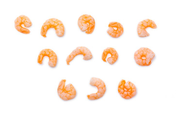 Set of boiled peeled shrimps isolated on white background. Some forms of shrimps, top view. 