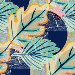 Seamless abstract pattern. Tropical leaves, flowers and geometric shapes in grunge style. Textile.
