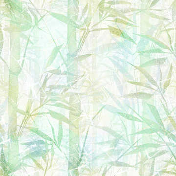 Seamless abstract pattern. Pale green and gray bamboo forest in the fog. Grunge.