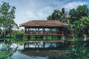 Fototapeta na wymiar Tropical summer backyard with a large gazebo, pool and palm trees