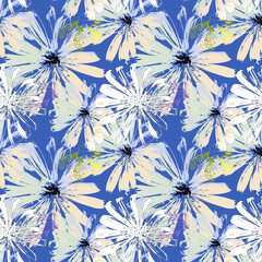 Seamless floral pattern. Abstract camomiles on a blue background.