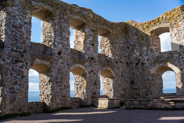 Medieval Castle Brahehus a Swedish Famous landmark By the lake Vattern near Granna in Smaland, Sweden. Castle Window View of open landscape. 