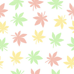 Fototapeta na wymiar Seamless pattern with yellow, green, pink leaves on a white background. Vector illustration with leaves. Design of packaging paper with plants. Doodle style. Printing on fabrics, clothing, dishes.