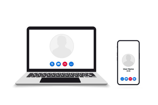 Video call on smartphone and laptop. Remote working. Video Call screen template. Interface for social communication app. Video conference. Mockup Video Conferencing and online meeting workspace