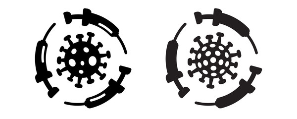 Coronavirus 2019-nCoV vaccine or cure concept about the time when Covid-19 disease is defeated, medical victory over the corona virus and quarantine end. Black monochrome silhouettes set.