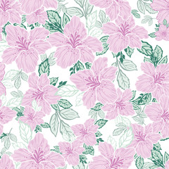 Fototapeta premium pink purple lily flower green leaf white background seamless print background design
