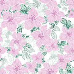 Foto op Plexiglas pink purple lily flower green leaf white background seamless print background design © MiSOOK
