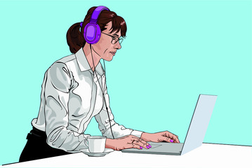 White woman works with laptop and headphones at table. Vector drawing.