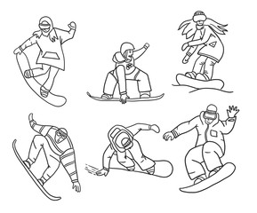 Snowboarding bodies silhouettes - outline sketches 