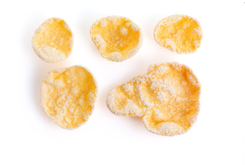 Breakfast cereals isolated on a white background. Glazed cornflakes for breakfast best with milk. Diet, clean eating concept. Antioxidant, omega-3, protein, mineral nutrients - vegetarian diet concept