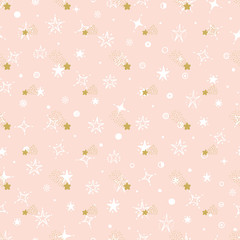 Vector Holiday or Birthday Seamless pattern. Hand Drawn doodle Stars. Starry sky background. Golden Pink Festive Background. Meteor Shower. Falling stars. Meteorites and Comets