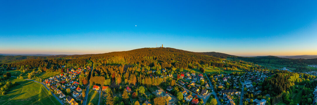 Panoramic view on the summit of the mountain Feldberg, the highest elevation of the Taunus mountains in Germany. Little Germany Village 