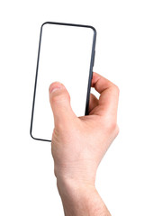 Men Hand holding smartphone mobile phone with empty display screen, isolated on white background