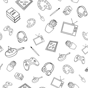 Seamless Pattern With Hand Drawn Items Of Fun Home Activities On White Background