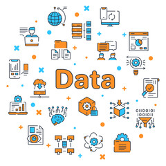 Vector color linear icon round set of Data concept