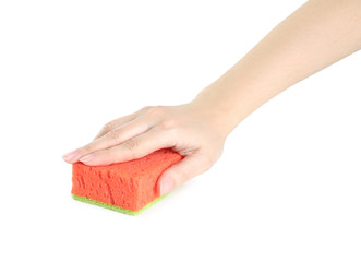 Woman with sponge on white background, closeup of hand