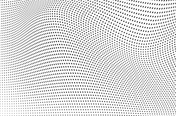 Abstract halftone background. Monochrome grunge pattern of dots. The waves are smooth and chaotic. Pop art texture for business cards, posters, labels, business cards
