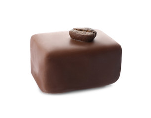 Delicious milk chocolate candy with coffee bean isolated on white