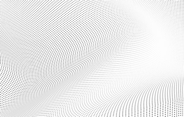 Abstract halftone background. Monochrome grunge pattern of dots. The waves are smooth and chaotic. Pop art texture for business cards, posters, labels, business cards