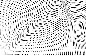 Abstract halftone background. Monochrome grunge pattern of dots. The waves are smooth and chaotic. Pop art texture for business cards, posters, labels, business cards