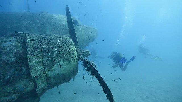 exploring underwater air plane wreck fish around ocean scenery of airplane for scuba divers to discover