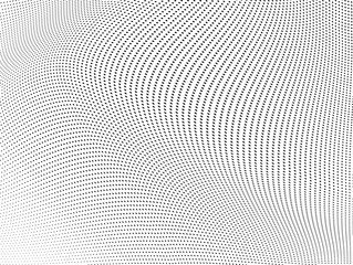 Abstract halftone background. Monochrome grunge pattern of dots. The waves are smooth and chaotic. Pop art texture for business cards, posters, labels, business cards