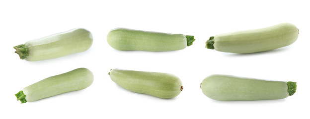 Set of fresh ripe zucchinis on white background. Banner design
