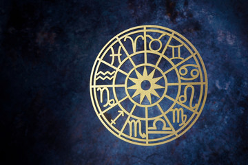 Obraz na płótnie Canvas Zodiac signs horoscope circle on dark background. Astrology background.