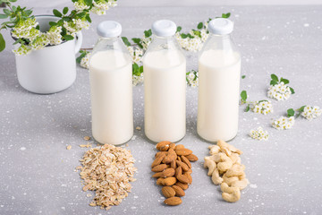 vegan milk from nuts and oatmeal, peanut milk from almonds and cashews