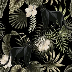 Foto op Plexiglas Hibiscus Tropische vintage zwarte panter dier, witte hibiscus bloem, palmbladeren naadloze bloemmotief zwarte achtergrond. Exotisch junglebehang.